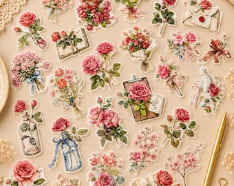 Juego de 50 pegatinas de rosas vintage – 50 pegatinas románticas de rosas | Decoración floral, botánica y shabby chic