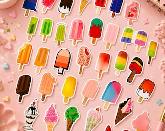 Set de 50 pegatinas de helados – 50 pegatinas de helados | Postres dulces, verano y decoración kawaii