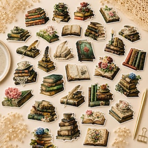 50 Vintage Bücher Sticker Set – 50 Retro Buch Aufkleber | Alte Bücher, Bibliothek & Dark Academia Deko