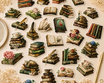 50 Vintage Bücher Sticker Set – 50 Retro Buch Aufkleber | Alte Bücher, Bibliothek & Dark Academia Deko