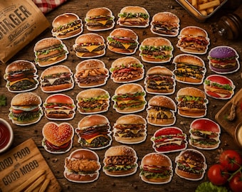 Set de 50 pegatinas de hamburguesas – Pegatinas de comida rápida | Hamburguesas, patatas fritas, bebidas – Pegatinas – Infantiles – Decoraciones – Decoración para fiestas