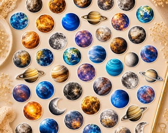50 pegatinas transparentes de planetas: set de pegatinas espaciales con motivos de planetas, lunas y galaxias para portátil y scrapbooking.