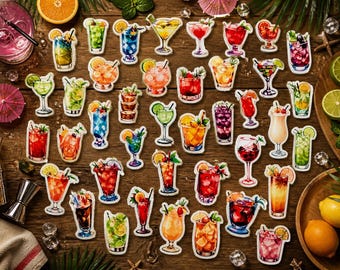 Juego de 50 pegatinas para bebidas – 50 pegatinas para bebidas | Café, té de burbujas, cócteles y decoraciones dulces