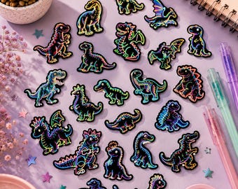Set de 50 pegatinas de dinosaurios neón – 50 pegatinas de dinosaurios que brillan en la oscuridad | Decoración kawaii, infantil y moderna