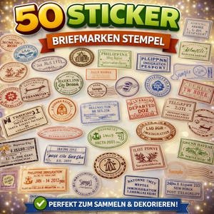 Könnte beinhalten: Eine Sammlung von 50 Aufklebern mit verschiedenen Vintage-Stempeldesigns. Die Aufkleber zeigen Text und Grafiken in verschiedenen Farben, darunter Rot, Blau, Grün und Braun. Ideal zum Sammeln und Dekorieren.