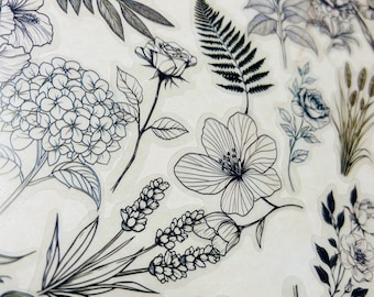50 pegatinas de flores en blanco y negro: decoración minimalista para diarios, agendas y scrapbooking.