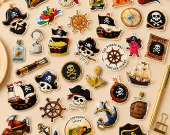 Set de 50 pegatinas de piratas – 50 pegatinas de aventuras | Decoraciones de barco pirata, mapa del tesoro y bandoleros