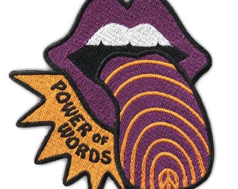 Parche bordado "El poder de las palabras", parche termoadhesivo de boca y lengua, parche de arte psicodélico, parche de moda alternativa, accesorio para chaqueta con mensaje.