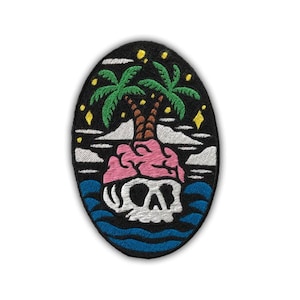 May include: Oval-shaped embroidered patch featuring a skull with a pink brain, palm trees, and ocean waves. The design includes a black background with white clouds, yellow stars, and green palm trees.