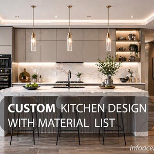 Può includere: Un design moderno per la cucina con mobili grigio chiaro, un'isola con piano in marmo e sgabelli da bar, e lampade a sospensione. L'immagine include il testo "CUSTOM KITCHEN DESIGN WITH MATERIAL LIST". Sono visibili anche un forno a incasso e un frigorifero.