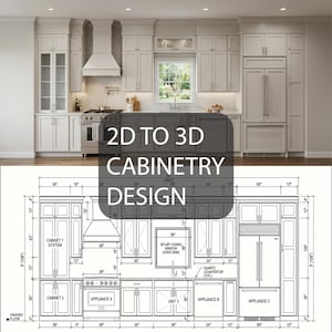 Op de afbeelding: Een keukenontwerpvisualisatie met een 3D-weergave van witte kasten boven een 2D-architecturale plattegrond met gedetailleerde afmetingen in inches. De indeling omvat een fornuis, gootsteen, koelkast en diverse opbergkasten.
