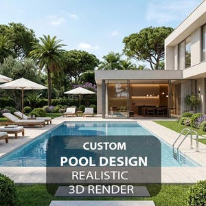Könnte beinhalten: Ein 3D-Rendering eines individuellen Pooldesigns. Das Bild zeigt einen rechteckigen Pool mit klarem blauem Wasser, umgeben von Liegestühlen, Sonnenschirmen und üppigem Grün. Der Text "CUSTOM POOL DESIGN REALISTIC 3D RENDER" ist überlagert.