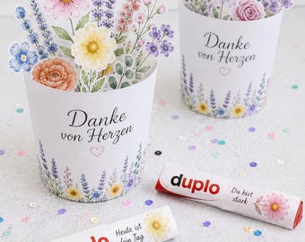 Danke von Herzen Duplo Banderole | Blumenstrauß Vorlage | PDF Download | Druckvorlage | Dankeschön Geschenk