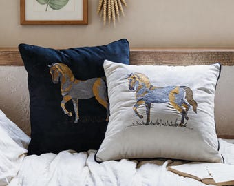 Embroidered Horse Cushion Cover: Vintage Plush Jacquard Pillowcase, Accent Farmhouse Sofa Decor, Horse Lovers Gift