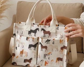 Bolso tote de pana con estampado de caballos: bolso de hombro o bandolera grande con múltiples bolsillos, ideal para el día a día.