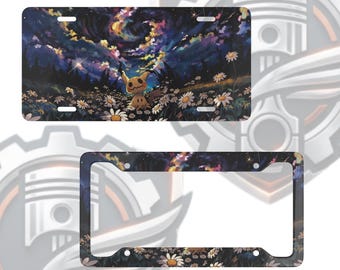Mimikyu Starry Night License Plate Frame: Anime Galaxy Flower Field Car Decor