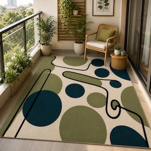 Moderner Abstrakter Teppich, Geometrischer Kreis Teppich, Blauer Salbeigrüner Teppich, Zeitgenössischer Wohnzimmerteppich, Minimalistisches Wohndekor