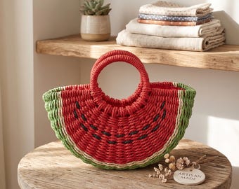 Gewebte Obst Geldbörse Handgemachte Wassermelone Tasche Boho Sommer Strand Tote Bunte Stroh Handtasche Kordelzug Urlaubstasche Einzigartiges Geschenk für Sie