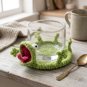 May include: A clear glass tumbler sits inside a round, light green crocheted coaster shaped like a frog. The coaster features a wide-open mouth with a dark pink interior, a protruding pink tongue, and two small white eyes with black pupils.