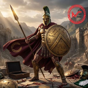 May include: A Spartan warrior figure wearing a bronze helmet with a green crest, gold chest plate, and greaves, holding a spear and a circular shield with a lambda symbol. A deep red cape with a gold laurel wreath design flows behind the figure.