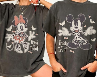 Koszulka z Myszką Miki i Minnie na Halloween, koszulka dla pary Disneya „Cukierek albo psikus”, koszulka z Myszką Miki i szkieletem, słodka, upiorna koszulka Disneya na Halloween 2026