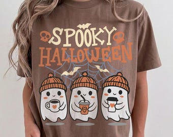Vintage Spooky Halloween Ghost Shirt, Cute Fall Coffee Ghost Tee, Cozy Pumpkin Beanie Shirt, Trendy Halloween Graphic Tee for Women 2026