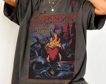Koszulka retro z Królową Terrasenu Fireheart, koszulka vintage z motywem smoka fantasy, prezent dla czytelnika lubiącego książki, przytulna koszulka dla miłośnika fantasy, koszulka z motywem magicznego królestwa