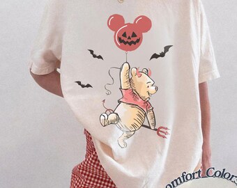 Winnie The Pooh Halloween Shirt, Cute Disney Pumpkin Balloon Tee, Spooky Fall Comfort Colors Graphic Shirt for Women, Disney Trip Outfit Tee