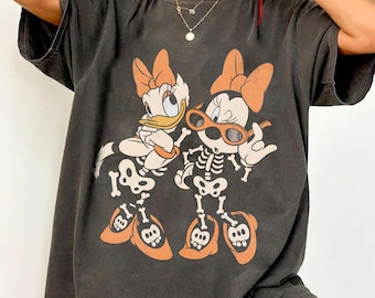Spooky Minnie Mouse Daisy Duck Halloween Shirt, Vintage Disney Skeleton Friends Tee, Cute Fall Comfort Colors Graphic T Shirt for Women Gift