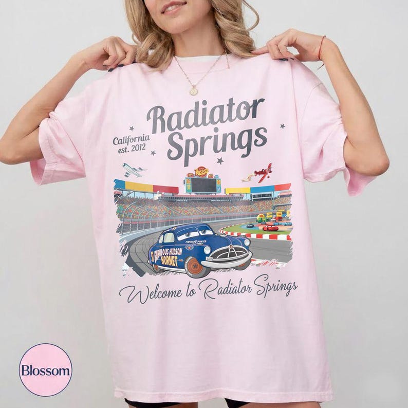 Puede incluir: Camiseta rosa claro con un gr&aacute;fico de un coche azul en un circuito. El texto en la camiseta dice "Radiator Springs", "Welcome to Radiator Springs" y "California est. 2012".