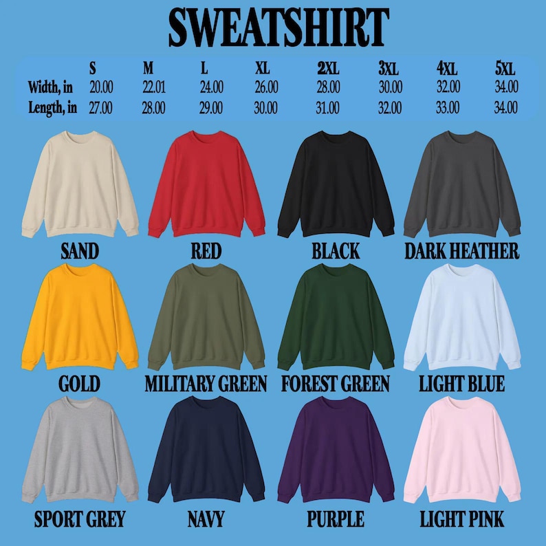Puede incluir: Una variedad de sudaderas de cuello redondo en varios colores, incluyendo arena, rojo, negro y gris oscuro. La imagen muestra la palabra "SWEATSHIRT" en la parte superior, junto con detalles de tallas y medidas en pulgadas. Las sudaderas est&aacute;n disponibles en tallas S a 5XL.