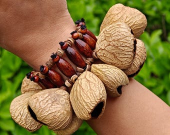 Seed Pod Nut Bracelet Set, Tribal Boho Wooden Beaded Wrist Rattle