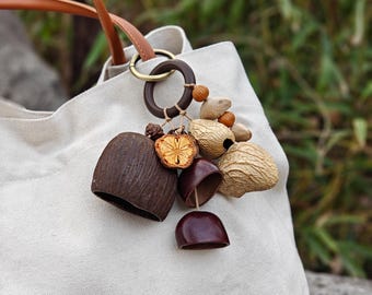 Artisan Seed Pod Charm, Natural Wood Keychain, Boho Bag Accessory, Gentle Chime