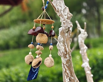 Indigo Tie-Dye Seed Pod Wind Chime, Natural Rattle Bell, Zen Wall Decor
