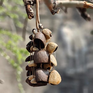 Puede incluir: Un m&oacute;vil de viento colgante hecho de materiales naturales. El m&oacute;vil presenta varias conchas y vainas de color marr&oacute;n, beige y crema, unidas entre s&iacute;. El dise&ntilde;o incluye un cord&oacute;n central con m&uacute;ltiples hilos de elementos colgantes, creando una est&eacute;tica r&uacute;stica.