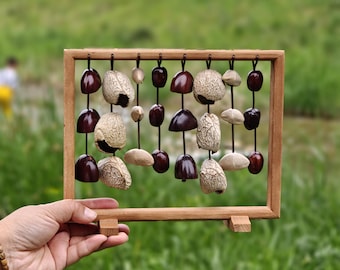 Walnut Seed Chime Stand, 24-Seed Desktop Rattle, Wabi-Sabi Meditation Art