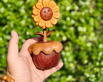 Caja de música artesanal con forma de girasol, de ébano y madera de haya, con la melodía de "Castillo en el cielo".