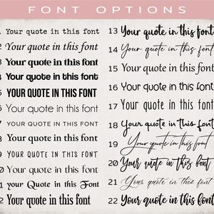 Może przedstawiać: Tabela zatytułowana FONT OPTIONS przedstawiająca dwadzieścia dwa ponumerowane wiersze tekstu. Każdy wiersz zawiera frazę Your quote in this font zapisaną inną czcionką, od pogrubionych kroj&oacute;w bezszeryfowych i szeryfowych po r&oacute;żne style kursywy.