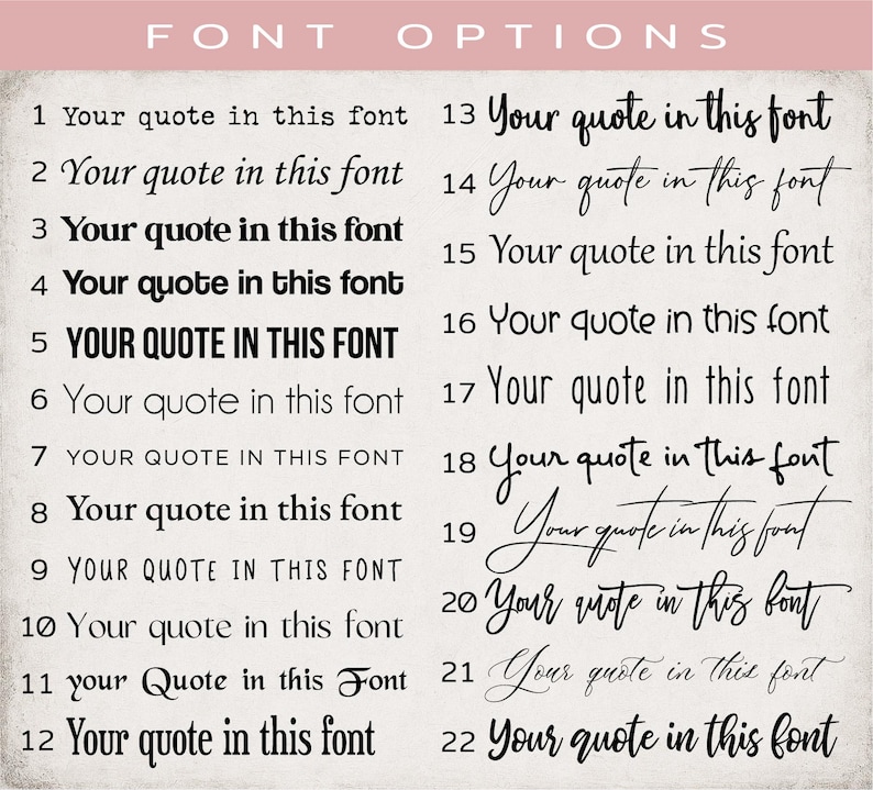 Może przedstawiać: Tabela zatytułowana FONT OPTIONS przedstawiająca dwadzieścia dwa ponumerowane wiersze tekstu. Każdy wiersz zawiera frazę Your quote in this font zapisaną inną czcionką, od pogrubionych kroj&oacute;w bezszeryfowych i szeryfowych po r&oacute;żne style kursywy.