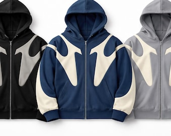 Sudadera con capucha y cremallera extragrande con estampado tribal en bloques de color / Hombros caídos / 3 colores / Para hombre