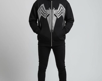 Übergroßer schwarzer Strass-Zip-Hoodie, Kristall-Symbioten-Gesicht, Spinnen-Emblem, Männer Streetwear, Y2K