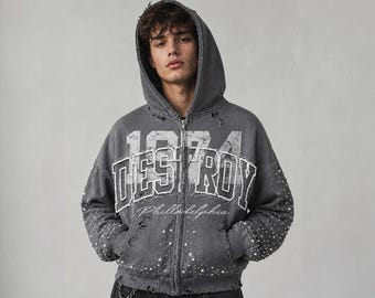 Verontruste grijze hoodie met strassteentjes en rits en oversized streetwear-sweater 'DESTROY PHILADELPHIA' 1974