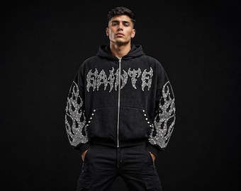 Black Rhinestone Flame Zip Hoodie, Crystal Saints Text, Gothic Streetwear, Oversized Boxy Cropped