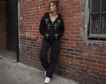Felpa con cappuccio nera con croce di strass da donna, giacca gotica con zip, streetwear