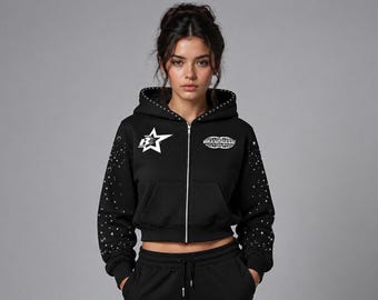 Zwart cropped hoodie met rits en sterrenprint grafische streetwear dames Y2K-jack