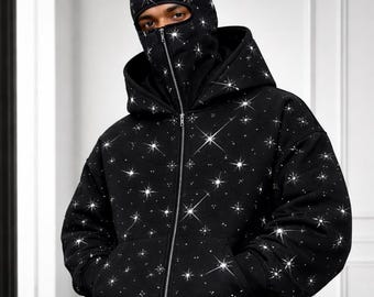 Zwarte hoodie met sterrenprint en gezichtsmasker streetwear hoodie met rits