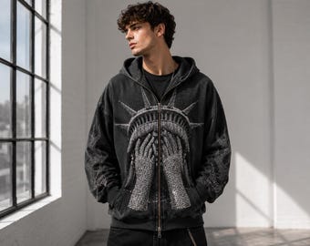 Oversized Rhinestone Statue of Liberty Zip-Up Hoodie, Washed Black Y2K Streetwear Flame Sleeve Detail