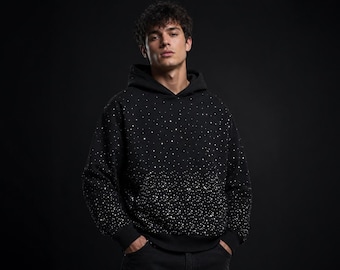 Schwarzer Strass Hoodie, Sweatshirt mit Stern Muster, Oversized Streetwear Pullover