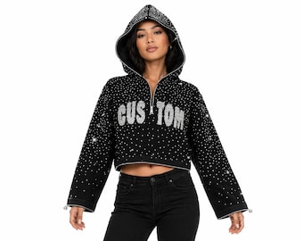 Strass Cropped Hoodie, prickelnder schwarzer Hoodie, Benutzerdefinierte Bling Sweatshirt Frauen