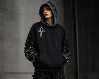 Strass Hoodie Schwarz Gothic Kreuz Oversized Streetwear Sparkle Hoodie